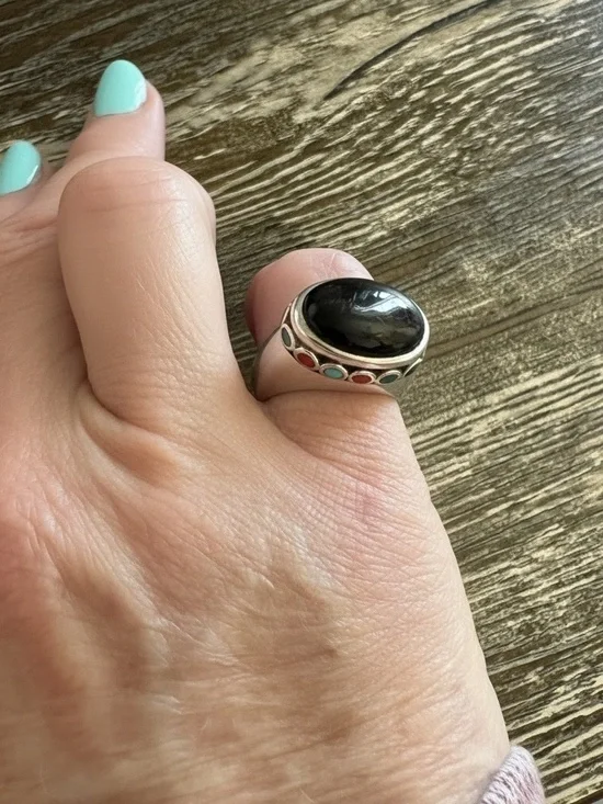 Vintage Sterling Silver Cabochon Onyx and Multi-Stone Inlay Ring. SZ 6.75 - Picture 9 of 17